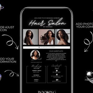 K&ouml;nnte beinhalten: Ein schwarz-wei&szlig;es Handy-Display zeigt eine Website f&uuml;r einen Friseursalon namens "Hair Salon by Amanda". Die Website enth&auml;lt ein Buchungsformular, Kontaktinformationen und einen Bereich, in dem Kunden Fotos hinzuf&uuml;gen k&ouml;nnen. Die Website ist modern und elegant gestaltet.
