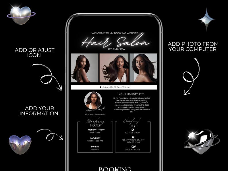 K&ouml;nnte beinhalten: Ein schwarz-wei&szlig;es Handy-Display zeigt eine Website f&uuml;r einen Friseursalon namens "Hair Salon by Amanda". Die Website enth&auml;lt ein Buchungsformular, Kontaktinformationen und einen Bereich, in dem Kunden Fotos hinzuf&uuml;gen k&ouml;nnen. Die Website ist modern und elegant gestaltet.