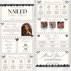 May include: A white and black polka dot digital booking template for a nail technician named Blair Chanel. The layout includes sections for business hours, contact info, booking policies, client reviews, and appointment preparation instructions.