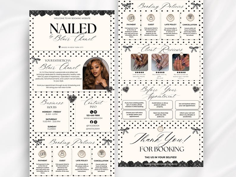 May include: A white and black polka dot digital booking template for a nail technician named Blair Chanel. The layout includes sections for business hours, contact info, booking policies, client reviews, and appointment preparation instructions.