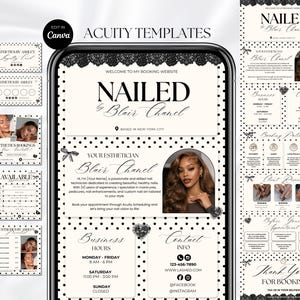 Peut inclure: Un ensemble de modèles numériques pour un site de réservation de prothésiste ongulaire avec un fond à pois noir et blanc et des détails en dentelle. La mise en page inclut des sections pour les horaires, les contacts et les politiques.