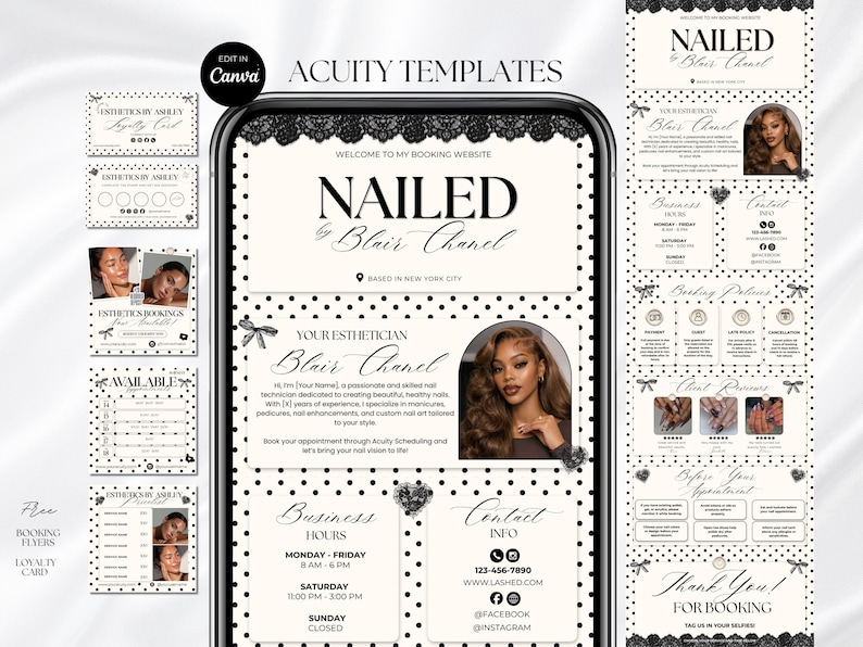 May include: A digital template set for a nail technician booking website featuring a black and white polka dot background with lace accents. The layout includes sections for business hours, contact information, booking policies, and client reviews.