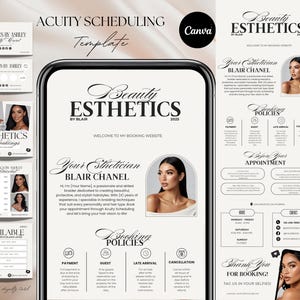 May include: Aesthetician booking template with the text "Beauty Esthetics by Blair" on a smartphone screen. Additional marketing materials include business cards, appointment details, and booking policies. The design is in black and beige.