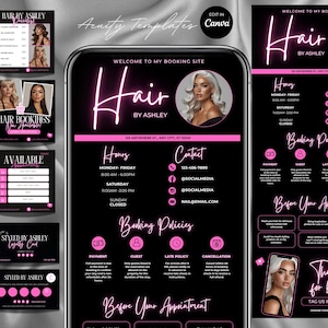 Modèle de planification d&#39;acuité capillaire, site Web personnalisé pour cils roses, site de réservation Barbie, coiffeur, technique de manucure, technique de cils, tresse, modèle canva