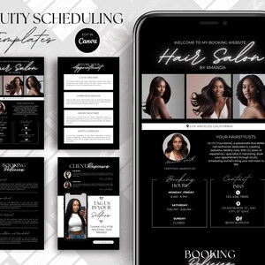 K&ouml;nnte beinhalten: Ein schwarzes und wei&szlig;es Handy-Bildschirm-Mockup, das eine Website f&uuml;r einen Friseursalon zeigt. Die Website enth&auml;lt eine Willkommensnachricht, ein Foto des Stylisten, Buchungszeiten, Kontaktinformationen und einen Call-to-Action, um einen Termin zu buchen. Der Text auf dem Bildschirm lautet "Willkommen auf meiner Buchungswebsite Hair Salon by Amanda", "Los Angeles, Kalifornien", "Ihre Friseure", "Buchungszeiten", "Kontaktinformationen" und "Jetzt buchen".