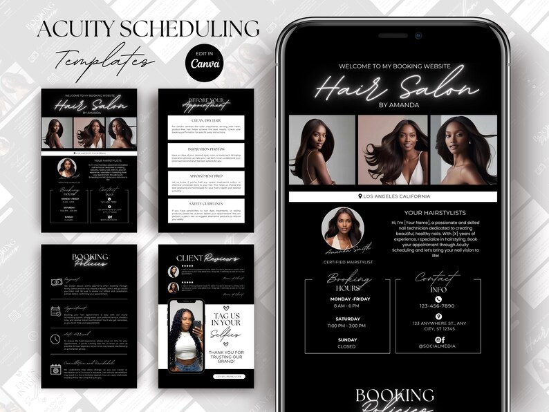 K&ouml;nnte beinhalten: Ein schwarzes und wei&szlig;es Handy-Bildschirm-Mockup, das eine Website f&uuml;r einen Friseursalon zeigt. Die Website enth&auml;lt eine Willkommensnachricht, ein Foto des Stylisten, Buchungszeiten, Kontaktinformationen und einen Call-to-Action, um einen Termin zu buchen. Der Text auf dem Bildschirm lautet "Willkommen auf meiner Buchungswebsite Hair Salon by Amanda", "Los Angeles, Kalifornien", "Ihre Friseure", "Buchungszeiten", "Kontaktinformationen" und "Jetzt buchen".