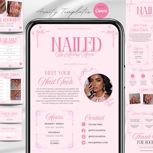 Puede incluir: Plantillas de marketing digital rosas para un salón de uñas, con el texto "NAILED By Ashley Moore". El diseño incluye una maqueta de teléfono, información de reservas y una foto de una técnica de uñas.