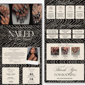 May include: A digital booking template for a nail technician featuring a black and gray zebra print background. The layout includes sections for booking policies, client reviews, business hours, contact info, and photos of manicured nails.