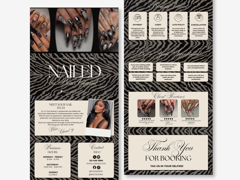 May include: A digital booking template for a nail technician featuring a black and gray zebra print background. The layout includes sections for booking policies, client reviews, business hours, contact info, and photos of manicured nails.