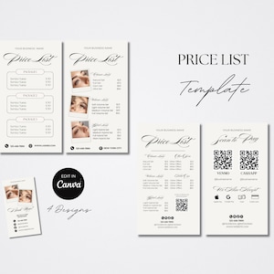 Puede incluir: Una plantilla de lista de precios con cuatro diseños. La plantilla incluye el texto "Price List" en escritura elegante, junto con secciones para nombres de servicios y precios. La imagen también presenta el texto "Edit in Canva" y "Scan to Pay".