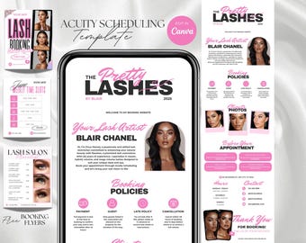May include: A pink and white lash salon template with the text "The Pretty Lashes" and "Blair Chanel." The template includes booking information, client photos, and booking policies. The design is for lash booking.