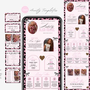 May include: A digital template set for a beauty booking website featuring a pink and black leopard print border. The design includes sections for business hours, contact information, booking policies, and photo galleries with text.