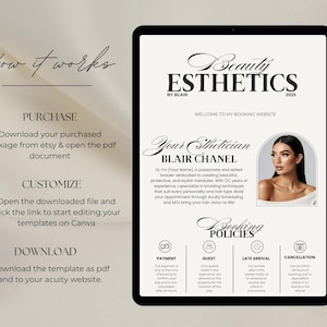 May include: A digital tablet displays a beauty esthetics website template. The design features elegant typography, a headshot of a woman, and sections for booking policies. Text includes "Beauty Esthetics by Blair 2025" and instructions for purchasing, customizing, and downloading.