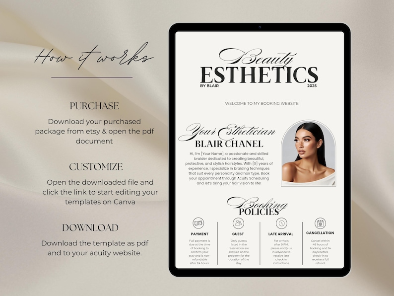 May include: A digital tablet displays a beauty esthetics website template. The design features elegant typography, a headshot of a woman, and sections for booking policies. Text includes "Beauty Esthetics by Blair 2025" and instructions for purchasing, customizing, and downloading.