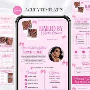 May include: A digital template set for a nail technician booking website, featuring a light pink color scheme with bow illustrations. The layout includes sections for contact information, business hours, booking policies, and a professional profile.