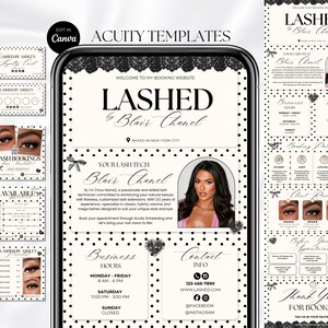 Könnte beinhalten: Ein digitales Vorlagenset für Acuity mit schwarz-weißem Punktemuster und Spitzenakzenten. Das Design enthält Text für Lashed by Blair Chanel, Geschäftszeiten, Kontaktinformationen, Buchungsrichtlinien und Kundenbewertungen mit Fotos.