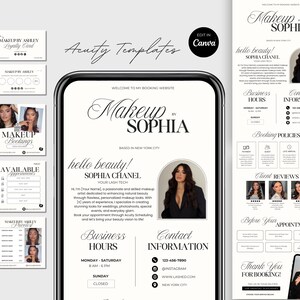 May include: A digital marketing template for a makeup artist, featuring a phone screen with the name "Makeup Sophia" and a headshot. Additional marketing materials include a loyalty card, booking flyers, and a website layout.