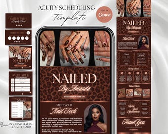 Puede incluir: Plantilla digital para un negocio de salón de uñas, con una maqueta de teléfono con imágenes de arte de uñas y materiales promocionales. El diseño utiliza un esquema de color marrón y estampado de leopardo, con el texto "NAILED By Amanda."