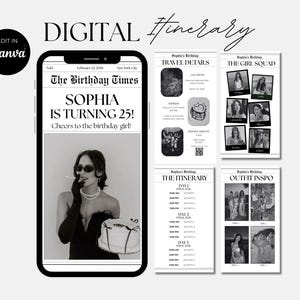Modelo de Itinerário de Aniversário, Planejador de Viagem Digital para Meninas, Modelo de Jornal de Aniversário, Cronograma, Convite de Aniversário, Modelo de Festa de Viagem