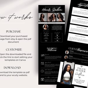 K&ouml;nnte beinhalten: Eine schwarz-wei&szlig;e Grafikdesign-Vorlage f&uuml;r einen Friseursalon. Die Vorlage enth&auml;lt Informationen zu Buchungsrichtlinien, Kundenbewertungen und einen Call-to-Action, um den Salon in Selfies zu taggen. Der Text "Hair Salon" ist in wei&szlig;er Schrift.