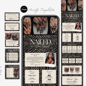 Puede incluir: Un conjunto de plantillas de marketing digital para técnicos de uñas con fondo de estampado de cebra, cuadros de texto beige e imágenes de uñas manicuradas. El diseño incluye secciones para horarios, contacto y detalles de reserva de Nailed by Blair Chanel.