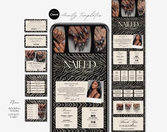 May include: A digital marketing template set for nail technicians featuring a zebra print background, beige text boxes, and images of manicured nails. The design includes sections for business hours, contact info, and booking details for Nailed by Blair Chanel.