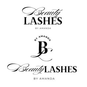 Op de afbeelding: Zwart-wit logo-ontwerp voor "Beauty Lashes by Amanda". Het ontwerp heeft elegante script- en vetgedrukte schreefloze lettertypen. Het logo bevat de initialen "B" en "L" in een gestileerd ontwerp.