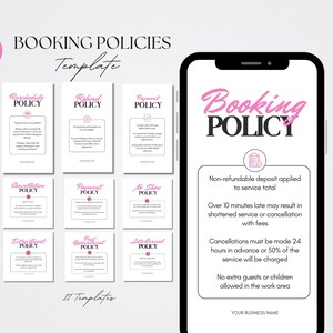 Könnte beinhalten: Eine digitale Vorlage für Buchungsrichtlinien mit einem rosa und weißen Design. Das Bild enthält ein Smartphone, das Richtliniendetails anzeigt, und mehrere Karten mit Richtlinientiteln wie "Umbuchungsrichtlinie" und "Stornierungsrichtlinie". Der Text "Booking Policy" ist deutlich sichtbar.
