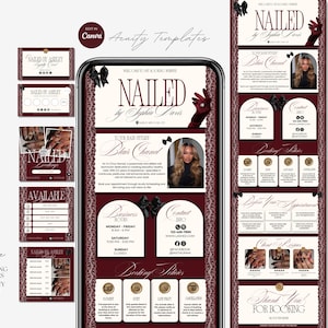 May include: A digital booking website template for a nail salon featuring a deep burgundy and cream colour scheme with ornate lace borders. The layout includes sections for business hours, contact information, booking policies, and client reviews.