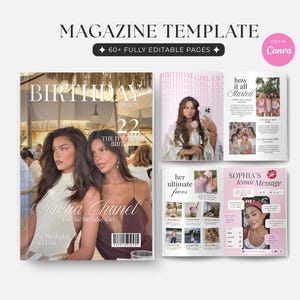 May include: Magazine template with the text "Birthday Edition 22". The magazine features photos of a woman and the text "Sophia Chanel". The template includes over 60 fully editable pages and is editable in Canva.