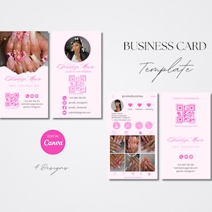 Könnte beinhalten: Rosa Visitenkarten-Vorlage mit vier Designs. Die Karten zeigen den Namen einer Nageldesignerin, Kontaktinformationen und einen QR-Code. Das Design enthält ein Foto von manikürten Nägeln und den Text "Edit in Canva."