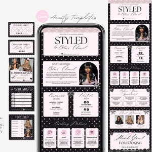 May include: A digital marketing template set for hair stylists featuring a black background with white polka dots and soft pink accents. The design includes a mobile booking interface, loyalty cards, and flyers with text reading Styled by Blair Chanel.