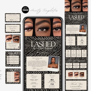 May include: A digital marketing template set for a lash business featuring a black and gray zebra print background. The design includes a mobile phone display, loyalty cards, and booking flyers with text reading LASHED by Wave Chanel.