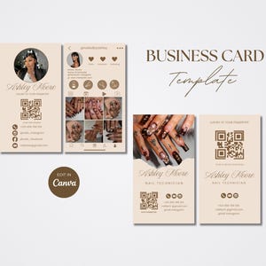 Puede incluir: Una plantilla de tarjeta de visita con fondo beige. La tarjeta presenta el texto "BUSINESS CARD Template" y el nombre "Ashley Moore, Nail Technician". El diseño incluye un código QR e iconos de redes sociales.