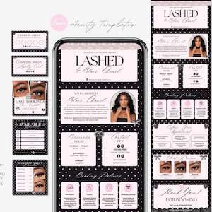 May include: A digital marketing template set for a lash business featuring a black background with white polka dots and soft pink accents. The design includes a mobile phone interface, loyalty cards, and booking flyers with text reading Lashed by Blair Chanel.
