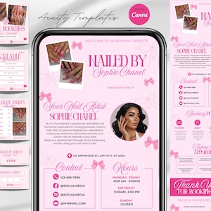 Peut inclure: Modèles de marketing numérique roses pour une artiste ongulaire, avec une maquette de téléphone affichant la marque "Nailed by Sophie Chanel". Comprend des informations de réservation, des coordonnées et une carte de fidélité.
