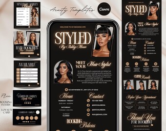 Puede incluir: Un conjunto de plantillas de marketing digital para una estilista, con un esquema de color negro y dorado. El diseño incluye folletos de reserva, una tarjeta de fidelidad y una maqueta de teléfono móvil con el texto "STYLED by Ashley Moore."