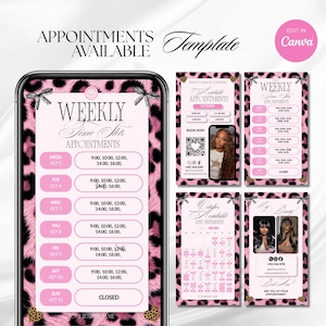 Pode incluir: Um modelo digital de agendamento de compromissos com um fundo de estampa de leopardo rosa e preto. O design inclui texto como WEEKLY APPOINTMENTS, datas e horários. Um emblema rosa circular exibe o texto EDIT IN Canva.