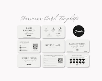 May include: A set of white business cards with rounded corners. The cards feature black text and icons, including "LASH EXTENSION," "SOPHIA CHANEL," and "LASHED BY SOPHIA." The phrase "Business Card Template" is at the top.