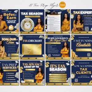 May include: A collection of twelve tax preparation flyers with a dark blue and gold color scheme. Each flyer features a woman in a yellow blazer, text, and graphics related to tax services, including "Refer & Earn" and "Tax Season."