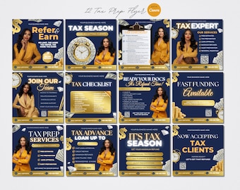 Puede incluir: Doce folletos de preparación de impuestos con un diseño azul oscuro y dorado. Cada folleto presenta a una mujer con una blazer amarilla, texto y gráficos relacionados con los servicios fiscales, como "Tax Season" y "Fondos rápidos disponibles".