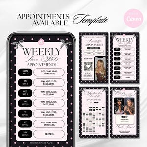 May include: A digital appointment scheduling template featuring a black and light pink polka dot background. The design includes text such as APPOINTMENTS AVAILABLE, WEEKLY Time Slots, and various date and time fields for business scheduling.