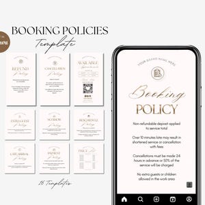 May include: A digital booking policy template set featuring a smartphone displaying a booking policy page with text including Booking Policy, non-refundable deposit, and cancellation terms, alongside eight smaller rectangular policy cards.