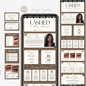 May include: A digital marketing template set for a lash technician business, featuring a brown and white polka dot theme. The design includes a mobile booking website interface, loyalty cards, and flyers with text reading LASHED by Blair Chanel.