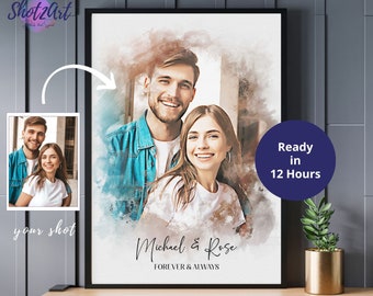 Custom Watercolor Couple Portrait from Photo | Personalized Wedding Anniversary Gift for Couples | Unique Wall Art for Wife Husband Parents