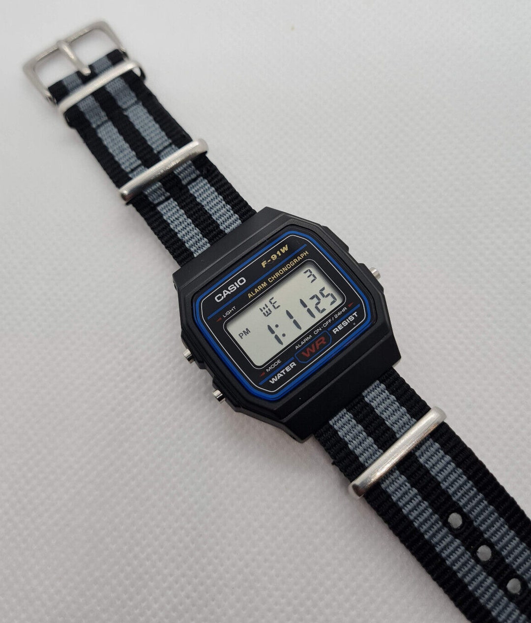 Modded Retro Casio F91W Watch on a Black Grey Bond NATO Strap Etsy