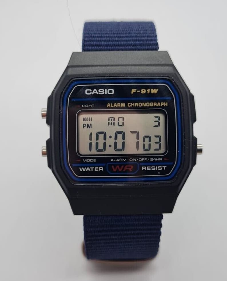 Modded Retro Casio F91W Watch, on a Navy Blue NATO Strap F91W Etsy