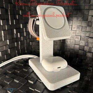 Könnte beinhalten: Ein weißer 3D-gedruckter Ladeständer für eine Apple Watch und AirPods. Der Ständer hat eine strukturierte Oberfläche und eine graue Basis. Der Text "Digital Download. Kein Physieches Produkt. not a physical product" ist im Bild sichtbar.