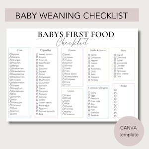May include: A printable checklist for introducing baby's first foods. The checklist is divided into categories: Fruit, Vegetables, Protein, Herbs & Spices, Dairy, Grains, Common Allergens, and Other. Each category has a list of foods with checkboxes next to them.