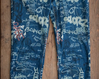 Jean Paul Gaultier Paris Haute Jeanerie Größe 27W 36L Blaue Drucksignaturen Selten